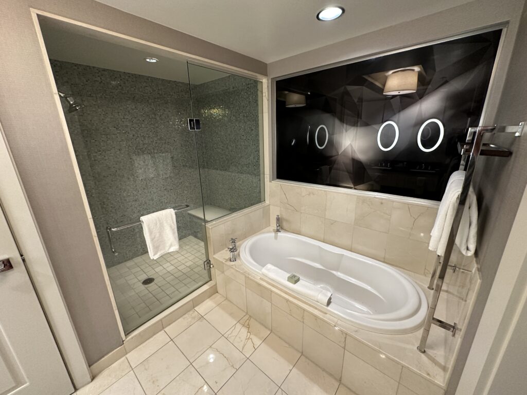 A massive, glass enclosed shower to the left and a stand alone bathtub to the right.