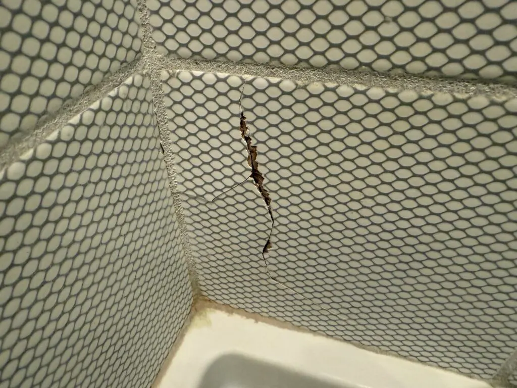 A tile in the shower with a big crack in it. 