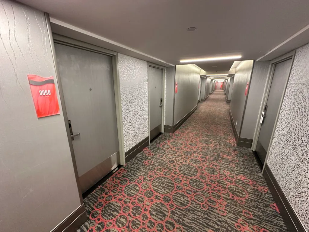 Hotel hallway lined with doors, gray walls, and beat up pink carpet. 