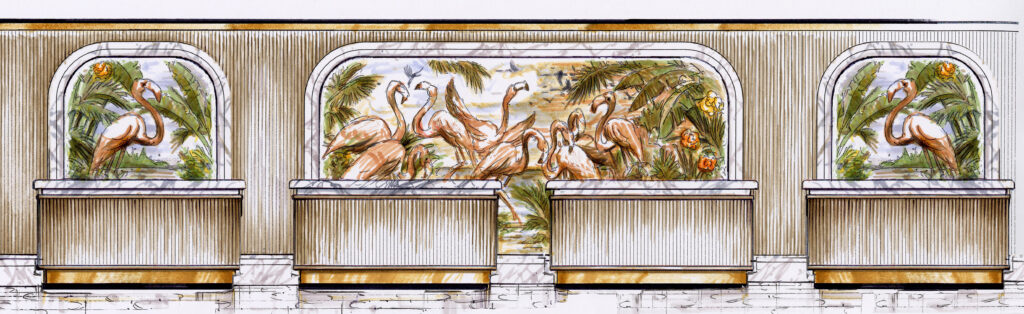 A rendering of the new lobby, which shows 4 desks in front of a mural depicting flamingos and a tropical scene.