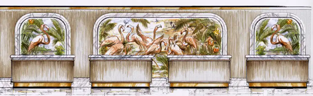 A rendering of the new lobby, which shows 4 desks in front of a mural depicting flamingos and a tropical scene. 