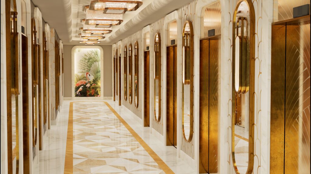 A rendering of the new elevator lobby, which has brass dorrs, and an upscale look.