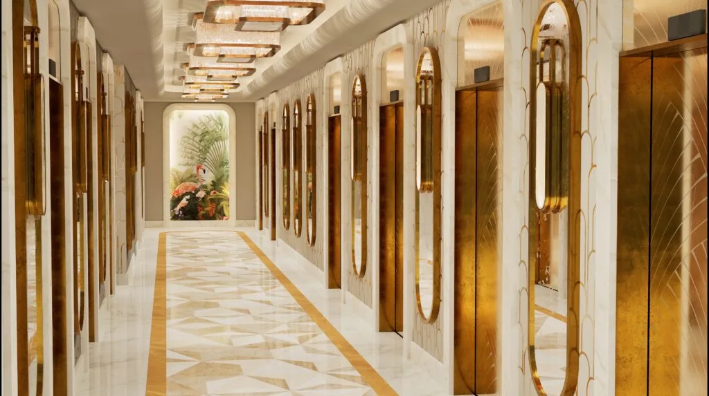 A rendering of the new elevator lobby, which has brass dorrs, and an upscale look. 