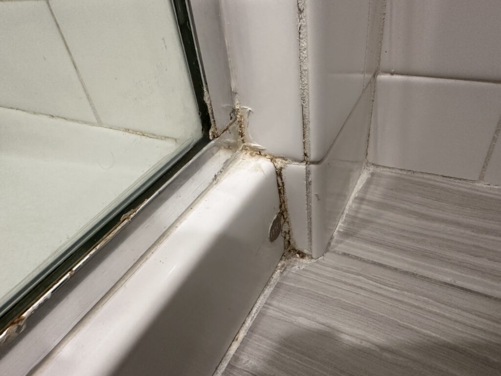 A corner of the shower with disgusting, discolored caulk.