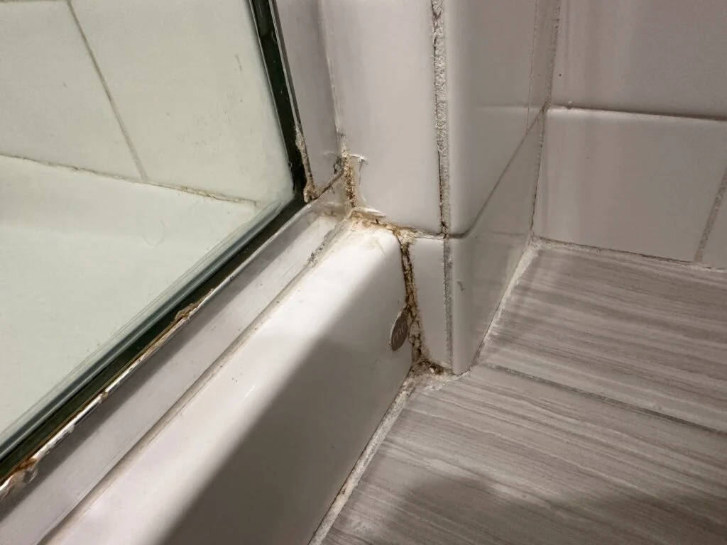 A corner of the shower with disgusting, discolored caulk. 