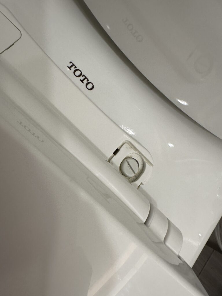 A toilet seat, with one screw missing its decorative cap.