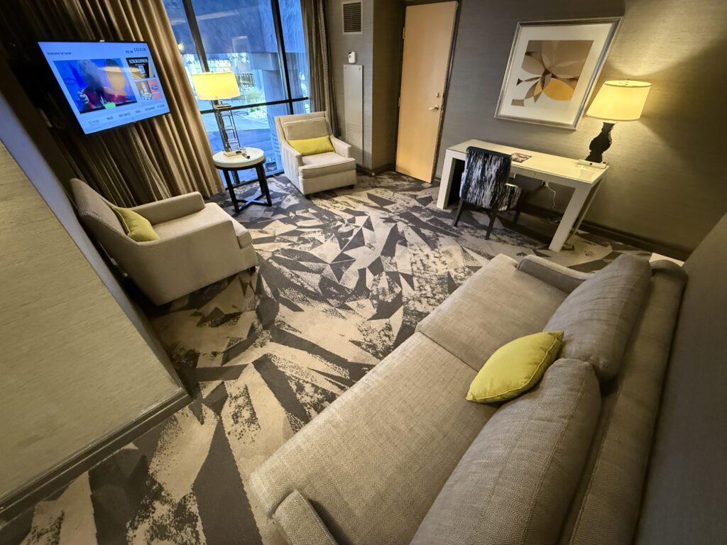 Another angle of the living area, showing the seating pointed at the tv, mounted in the corner of the room.