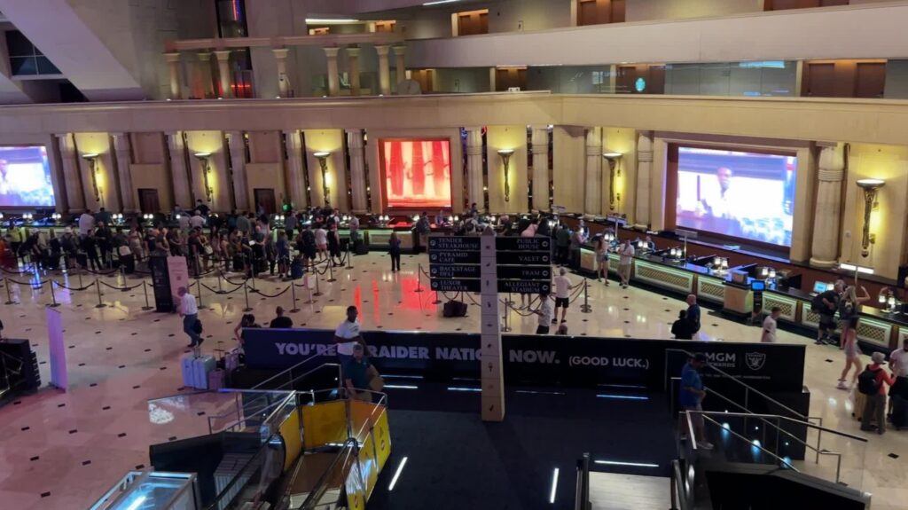 A view of Luxor's hotel lobby from above.