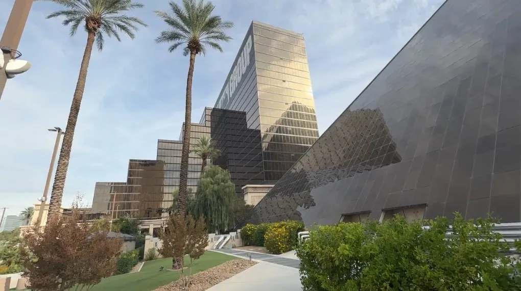 Exterior of Luxor's Hotel Tower, with the pyramid barely in frame on the right.