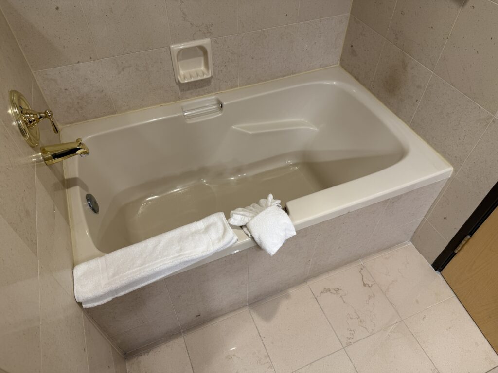 A standalone bathrub with a folded towel on the edge of the tub.