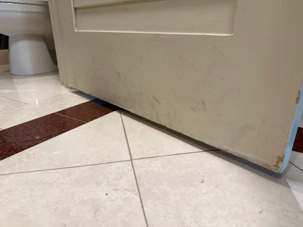 The bottom of the door to the water closet, which is covered in black scuffs.