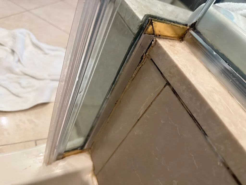 Corners in the shower that are in slight disrepair.