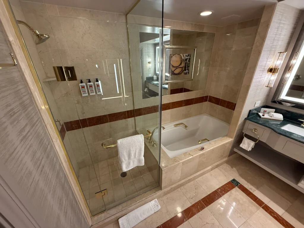 A small glass enclosed shower next to a bathtub.