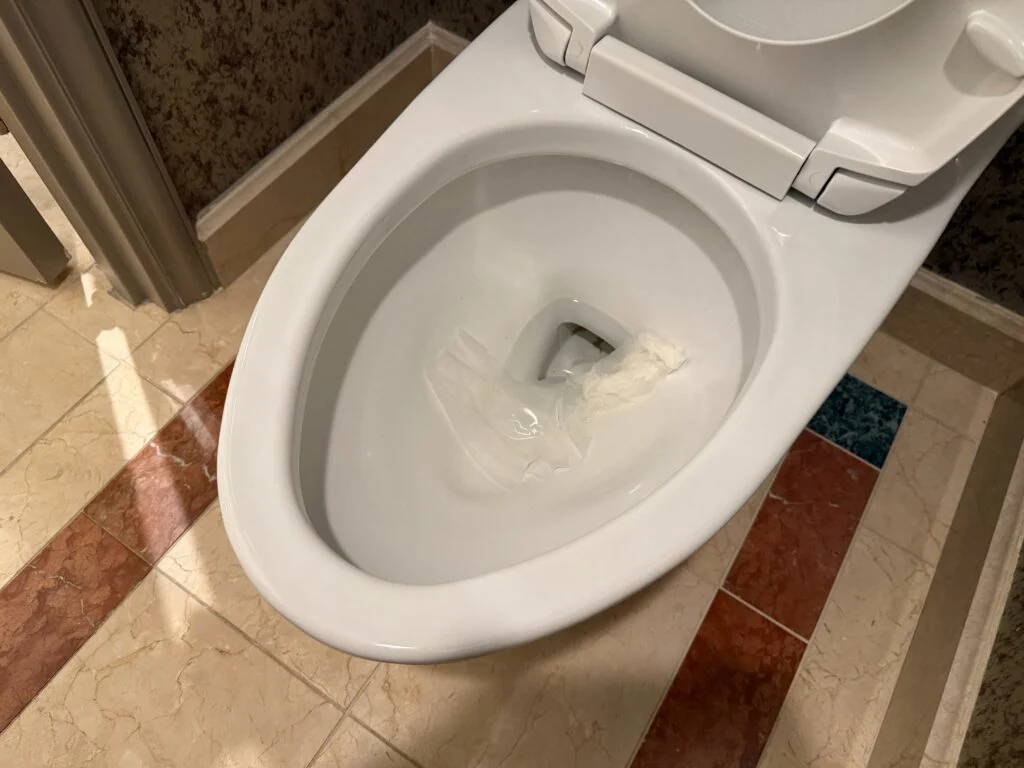 A clump of wet toilet paper in a toilet. 