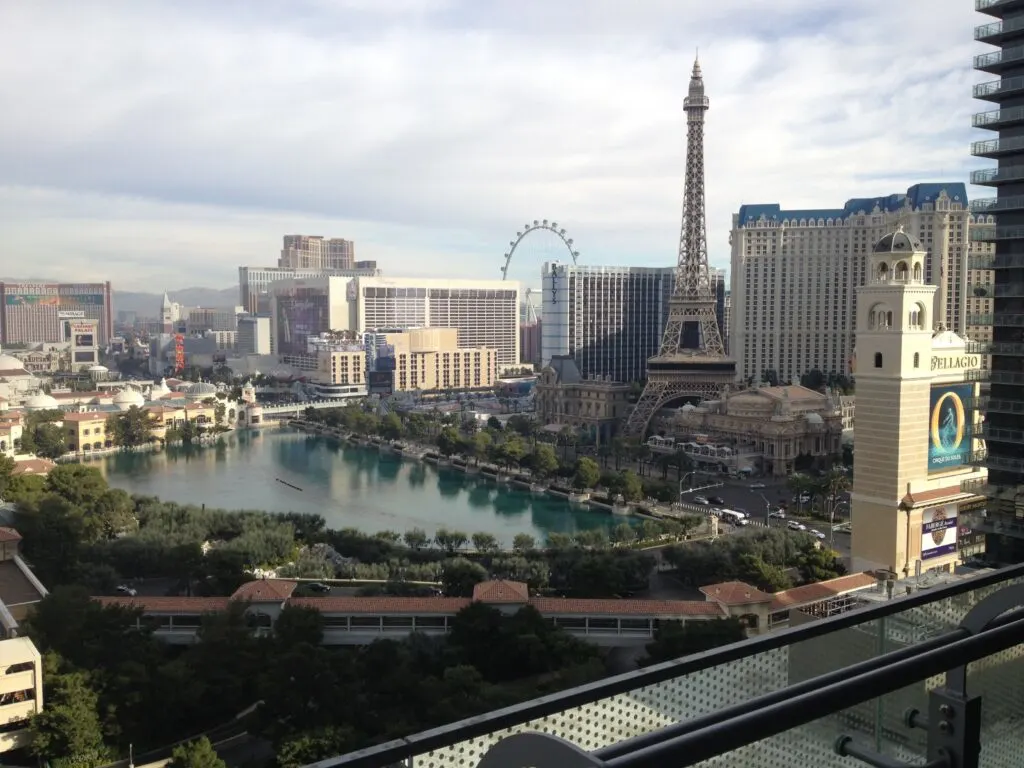 View of the fountains of Bellagio and Strip from my balcony in 2014. 