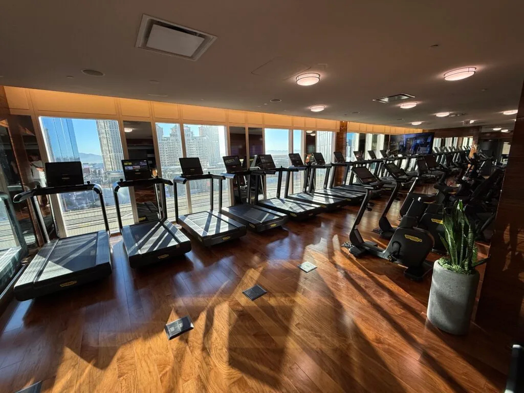 Treadmills in front of a window, overlooking the Strip. 