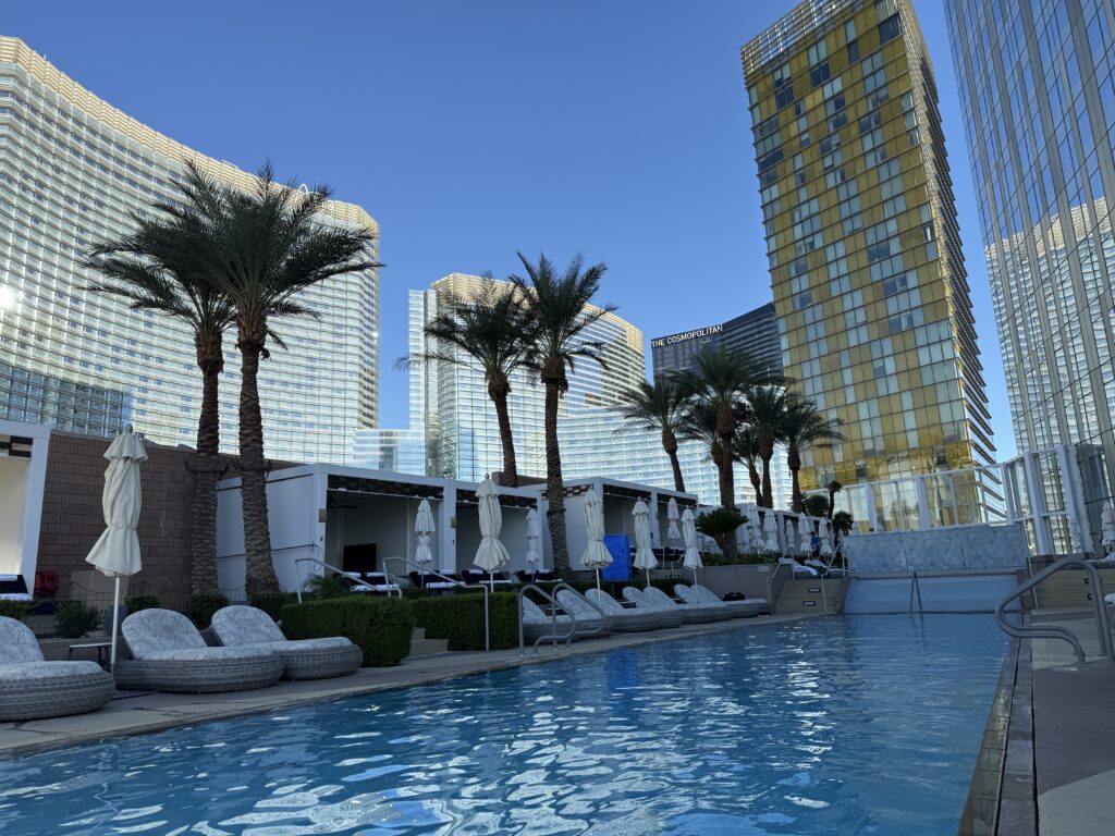 The pool at Waldorf Astoria with a view of Aria and Veer Towers.