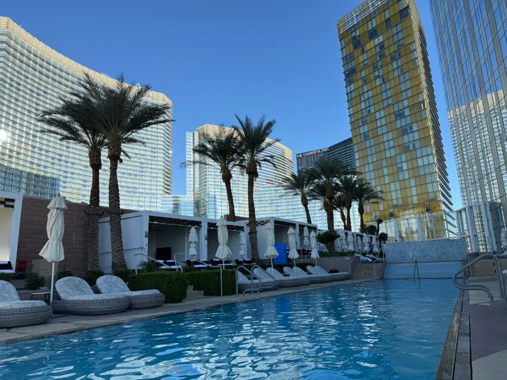 The pool at Waldorf Astoria with a view of Aria and Veer Towers. 