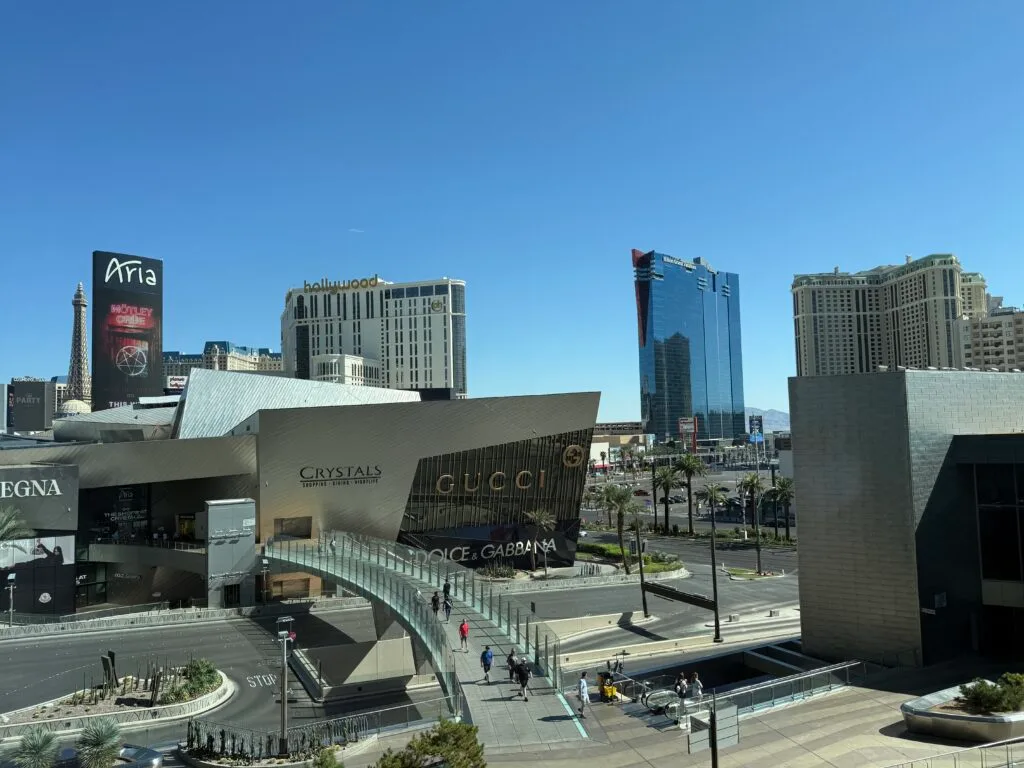View of the Strip from my room, wtih the Shops at Crystals, Hilton Grand Vacations, and Planet Hollywood visible. 