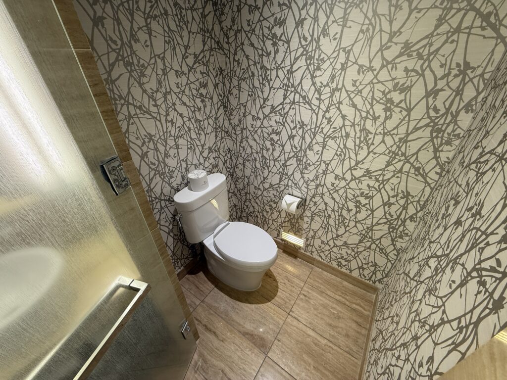 A toilet, alone in a little room with black floral wallpaper.