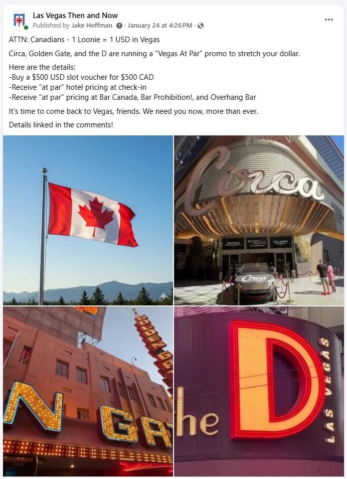 My facebook post, detailing the At Par pricing promotion with images of the 3 participating casinos. 