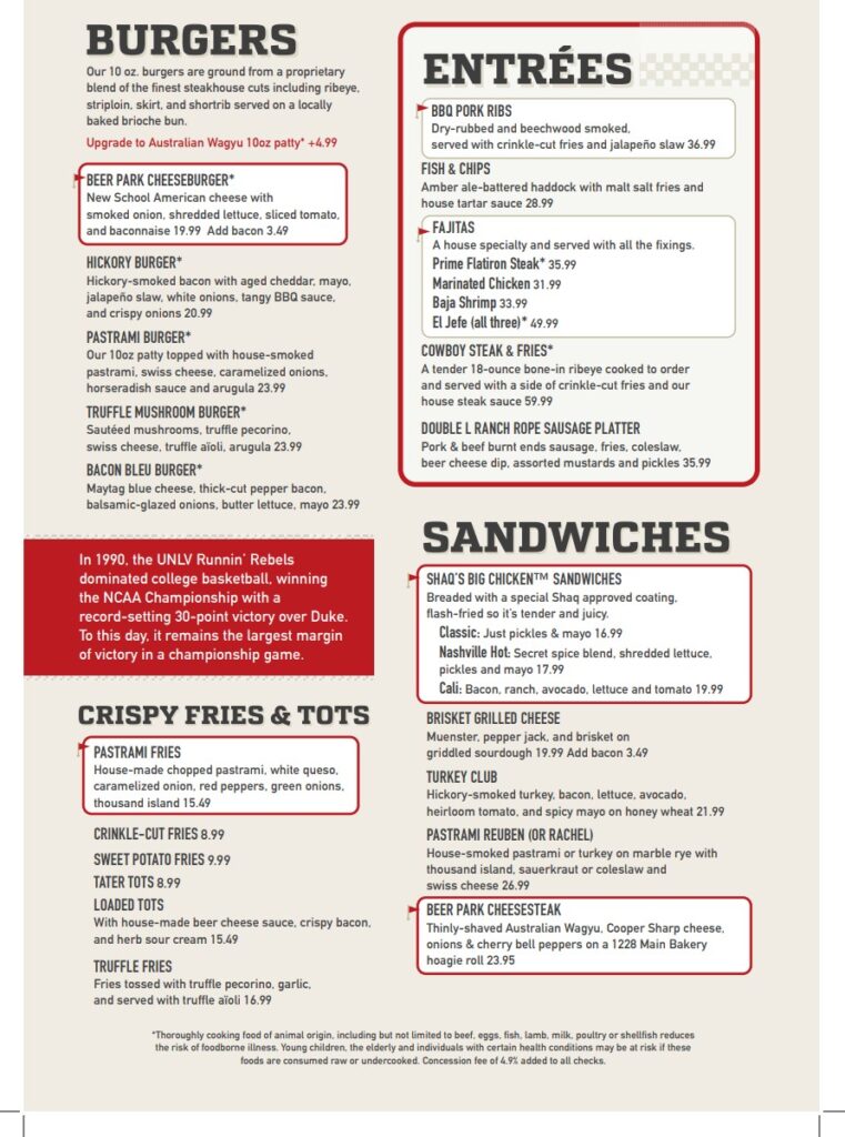 Beer Park's Menu.