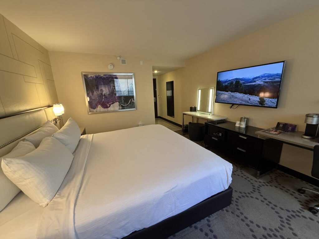A closer shot of the TV view from Bed, the entry to the room in the background.