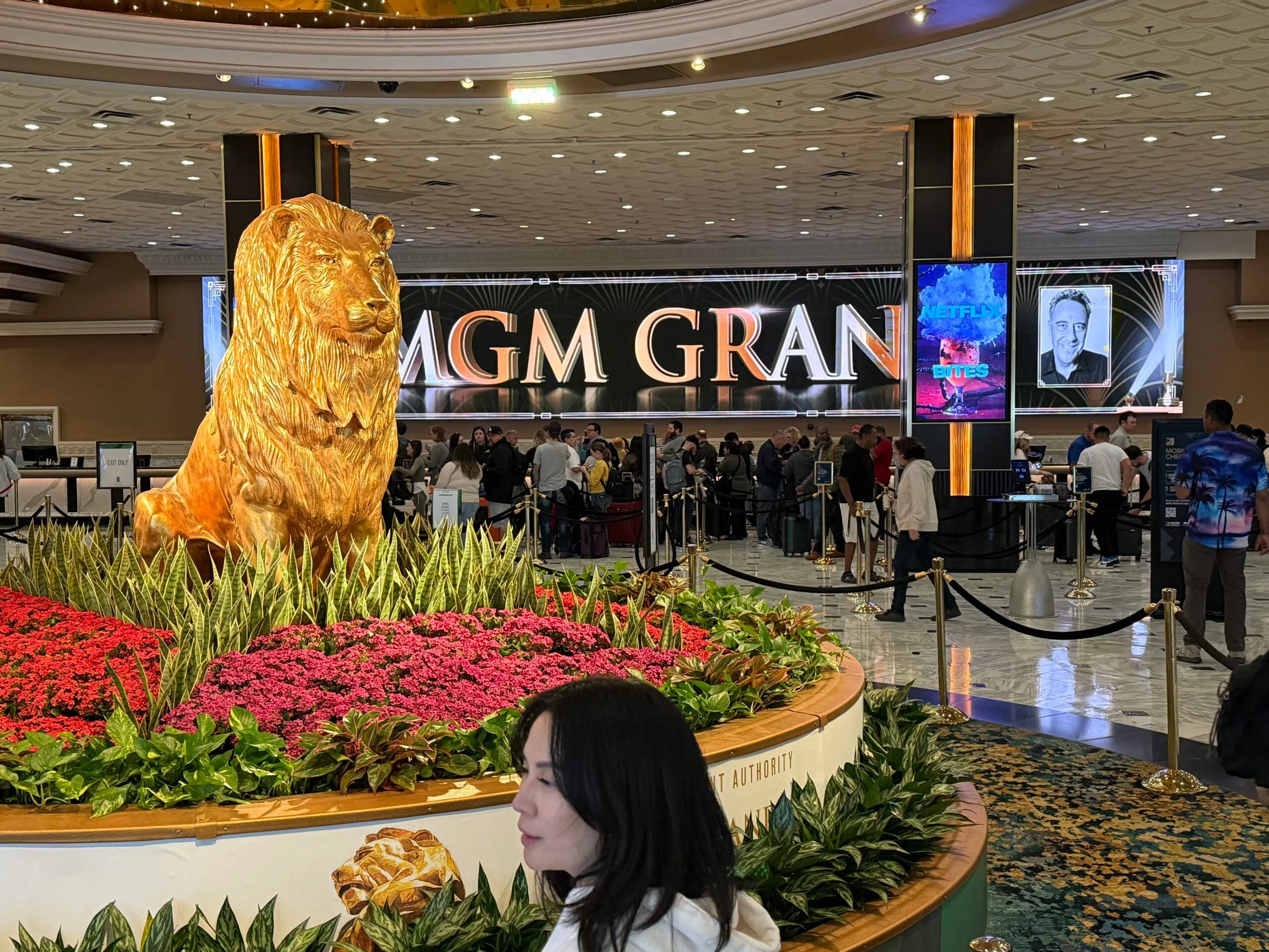 A gold Lion at MGM Grand Las Vegas in the hotel lobby. 