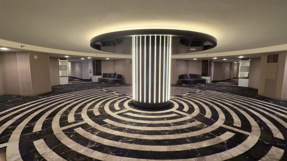 Hotel hallway lobby at MGM Grand, with an illuminated column.