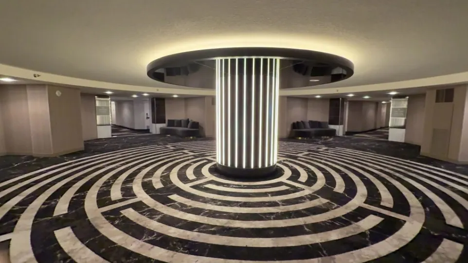 Hotel hallway lobby at MGM Grand, with an illuminated column. 