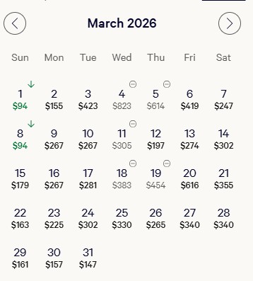 A price calendar for rooms at The Cosmopolitan.