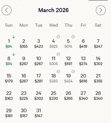 A price calendar for rooms at The Cosmopolitan. 