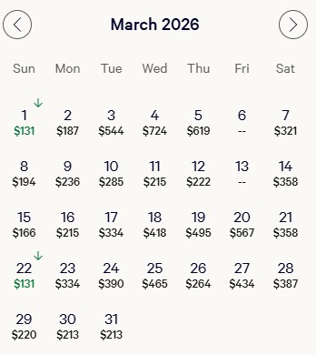 Vdara's March 2026 rate calendar.