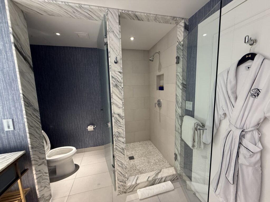 The shower, next to the toilet room.