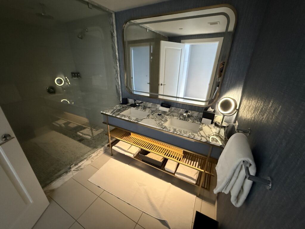 The bathroom with all lights off except for the under-vanity light. 