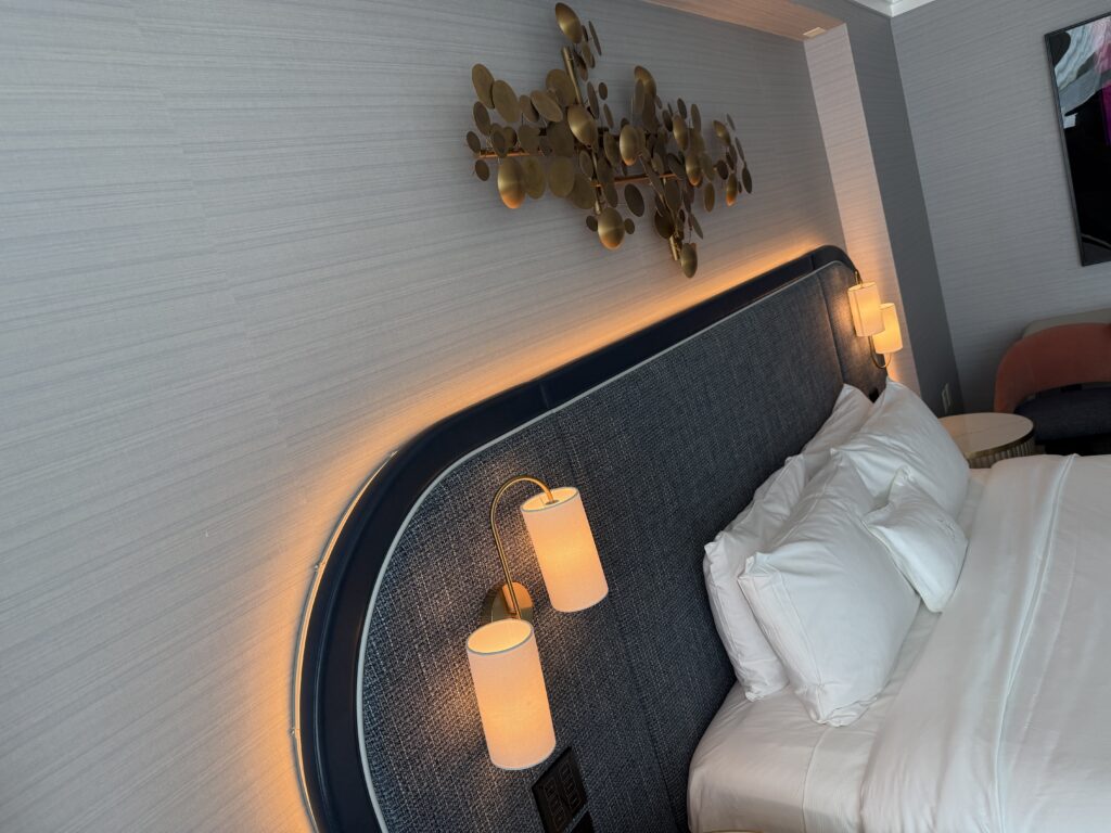 A close up of the illuminated headboard. 