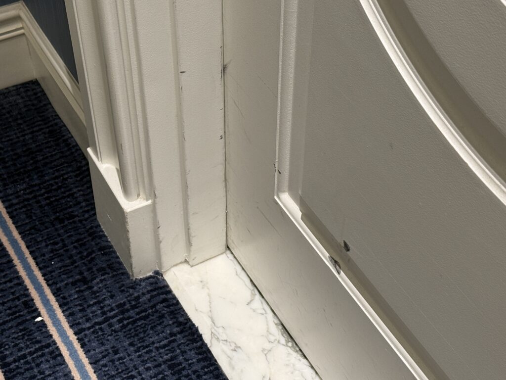 Dark scuffs on a white door. 