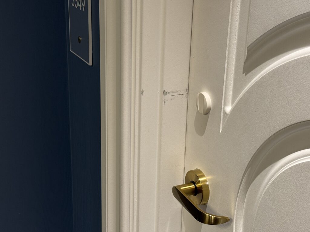 Dark scuffs near the door handle on my hotel room door. 