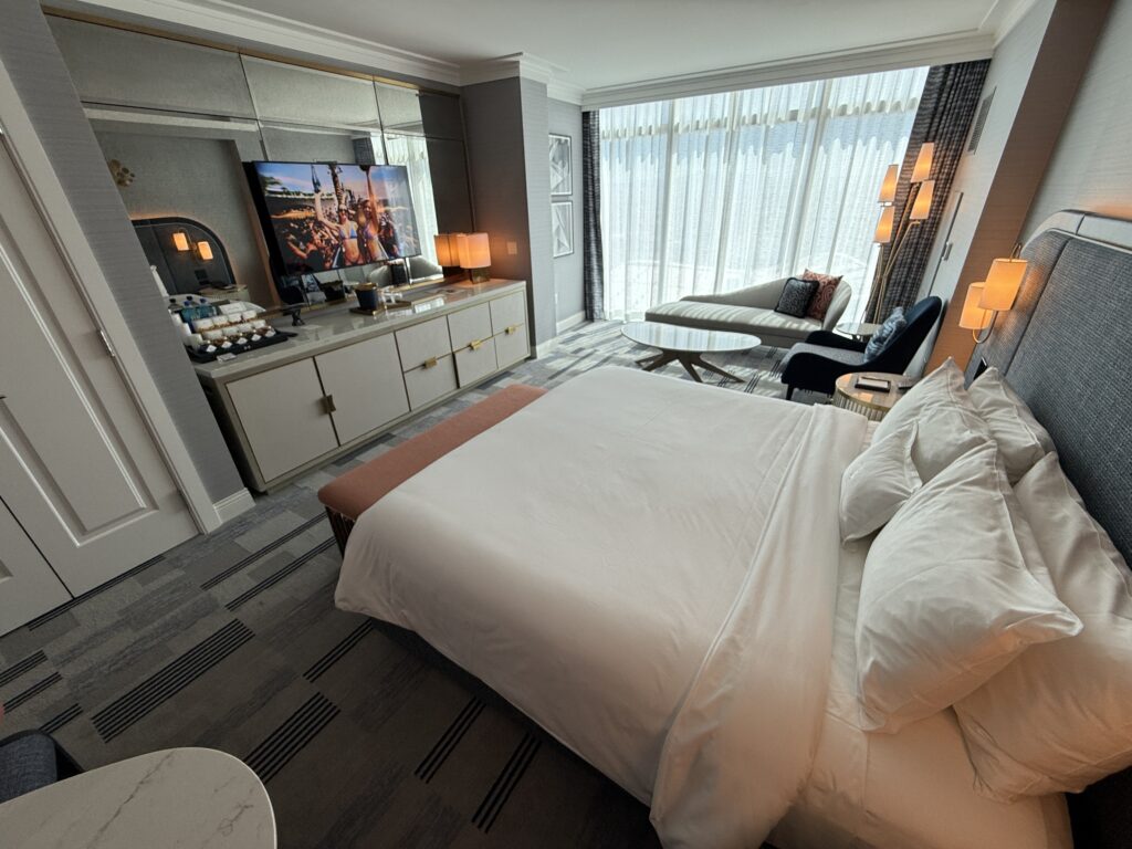 Antoher angle of the room that shows the bed pointed at the TV. 