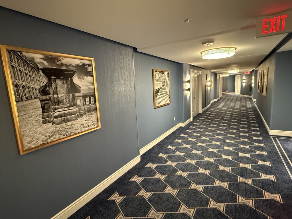 My hotel room hallway, which is wider than normal, with blue walls and carpet with blowties emblazoned on it. 