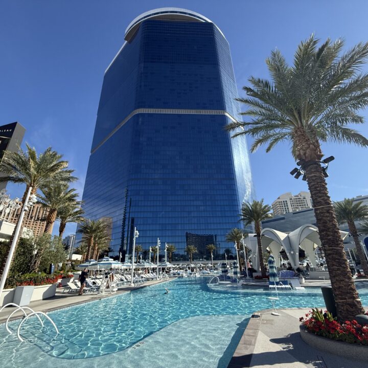 The pool and a palm tree in the foreground, and Fontainebleau's hotel tower in the background.