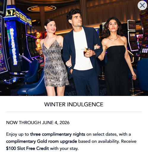 My offer for Fontainebleau Rewards, good for 3 free nights and $100 free slot credit.