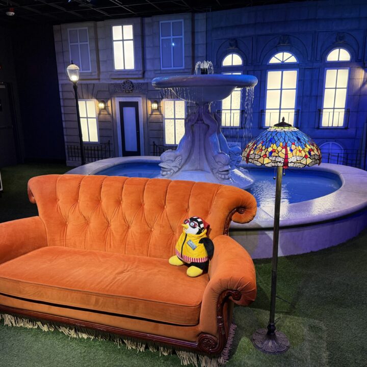 A couch in front of a fountain - A scene from Friends.