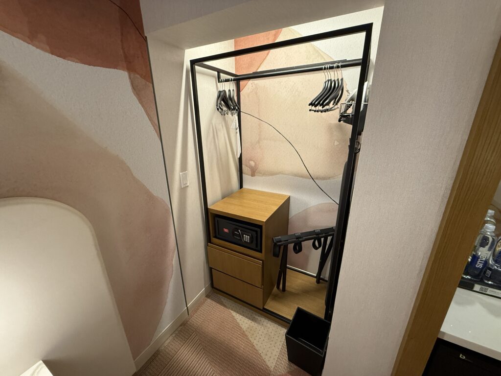 A closer shot of the closet, which has hangers, drawers and a safe. 