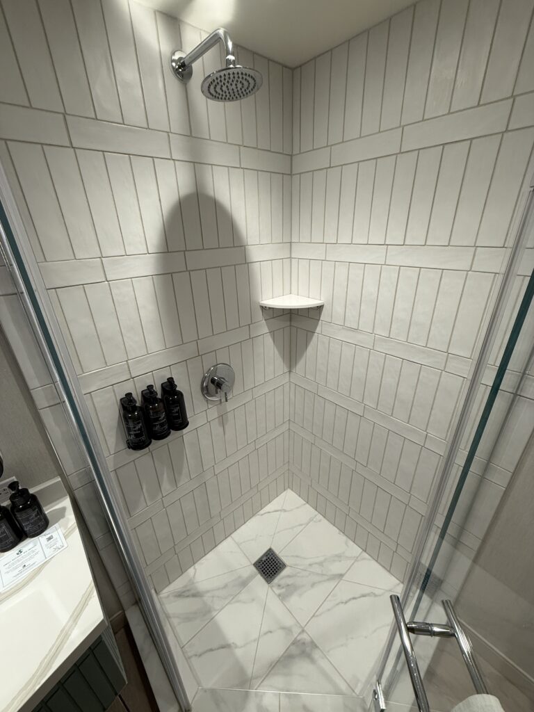 Inside the shower, which is glass enclosed, but had  polished white subway tile walls. 