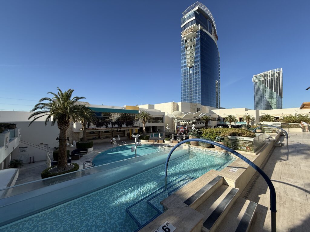 A private pluge pool, with palms hotel tower in the background.