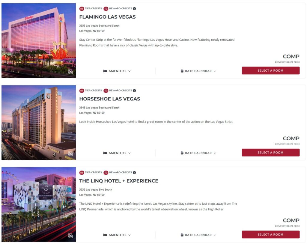 A screenshot of my offers on Caesars Rewards, which shows a series of "COMP" rooms. 
