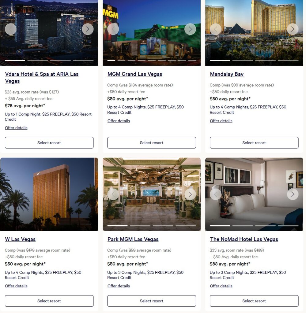A screenshot of my MGM Rewards offers which show complimentary rooms  and freeplay/resort credit. 