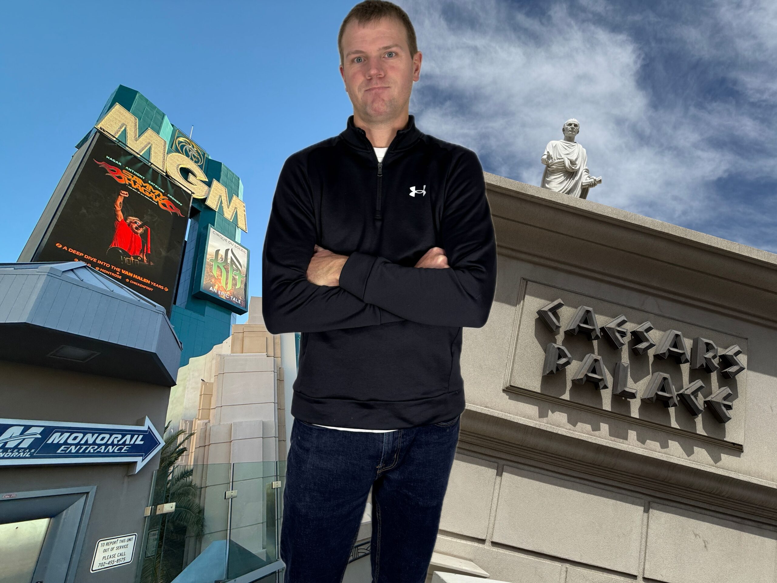 Me, standing in between images of MGM Grand and Caesars Palace.