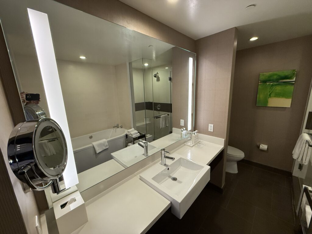 A single sink vanity under a massive mirror. Across the bathroom is a bathtub and separate shower. 